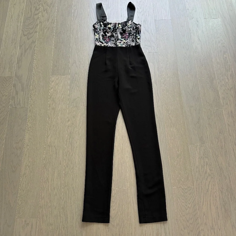 Bronx and Banco Annabell Sequined Sequin Floral Jumpsuit Black Bustier SMALL - Picture 2 of 12